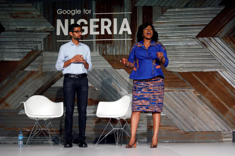 Google CEO Sundar Pichai and Google Nigeria Country Director Juliet Ehimuan-Chiazor at Google for Nigeria in July 2017