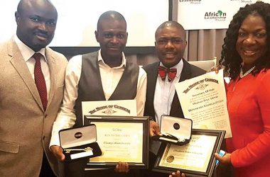 (L-r) Dr. Ken Giami, Publisher, African Leadership Magazine, Oluseyi Akindeinde, chief technical officer, Digital Encode, Obadare Adewale, chief operating officer, Digital Encode, and Dee Dawkins-Haigler, chairman of the Georgia Legislative Black Caucasus, during the conferment of Honorary Georgia Citizen on Digital Encode founders held in Georgia, USA, recently.