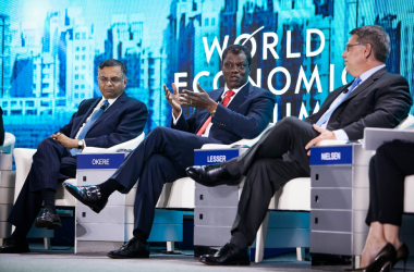 At the 2014 WEF meeting of champions in Taijin, China- (L-R) N Chandrasekaran, CEO Tata Consulting Services, Austin Okere, Founder CWG Plc, Rich Lesser, CEO Boston Consulting Services