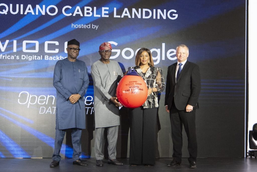L-R: Federal Minister of Industry, Trade and Investment, Chief Niyi Adebayo, Governor of Lagos State, Mr Babajide Sanwoolu, Director, West Africa at GoogleJuliet Ehimuan and Chief Executive Officer of WIOCC, Chris Wood at the launch of Equiano in Lagos