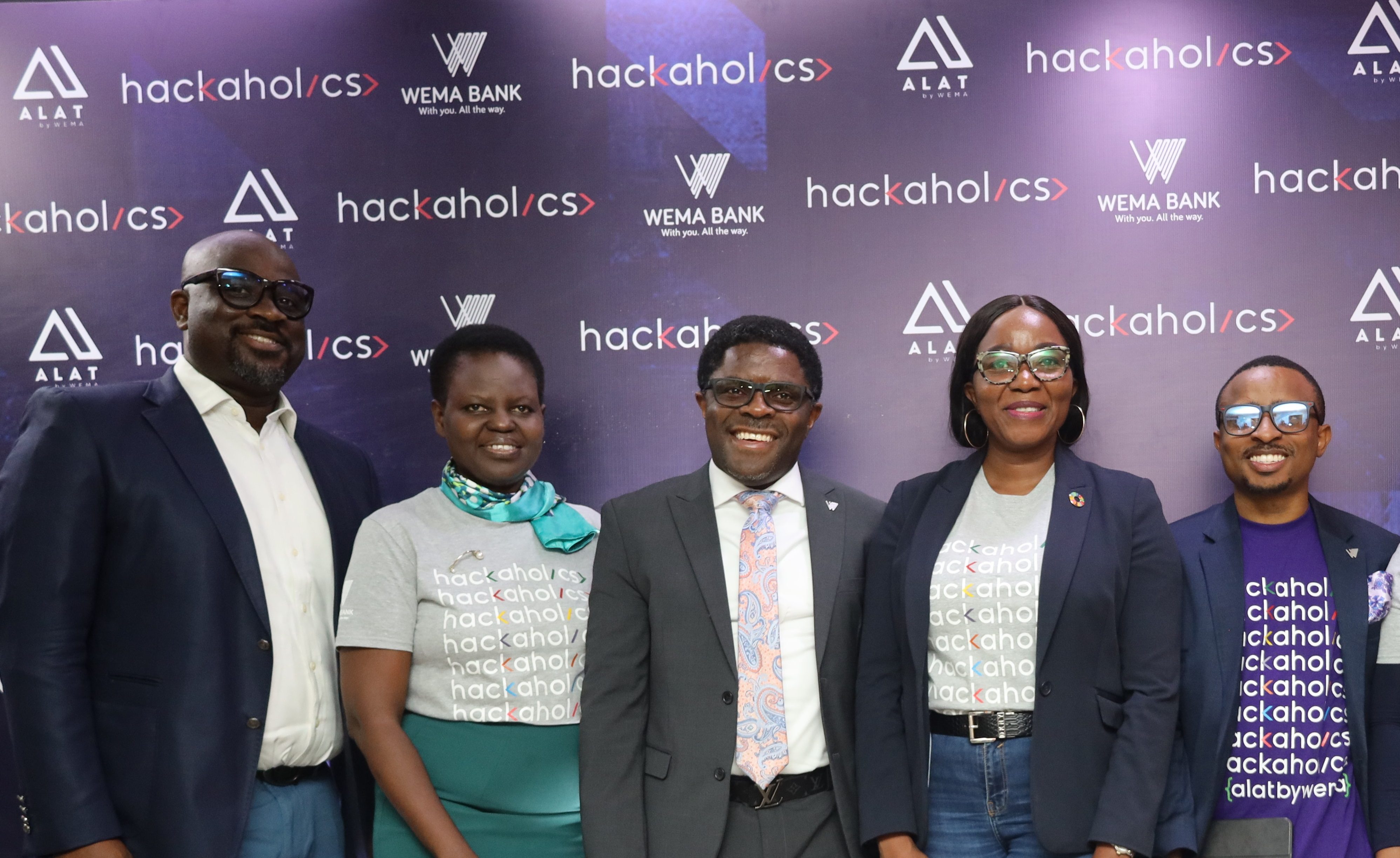 From left to right, Chief Digital Officer, Wema Bank, Olusegun Adeniyi; Divisional Head, Brand People, and Culture, Wema Bank, Ololade Ogungbenro; Executive Director, Digital and Retail Directorate Wema Bank, Tunde Mabawonku; Head Corporate Sustainability & Responsibility, Wema Bank, Abimbola Agbejule and Head Of Innovation, Wema Bank, Solomon Ayodele; at the launch of ALAT Hackaholics 4.0 press conference held yesterday, Tuesday 14th, March, 2023 in Ilupeju, Lagos.