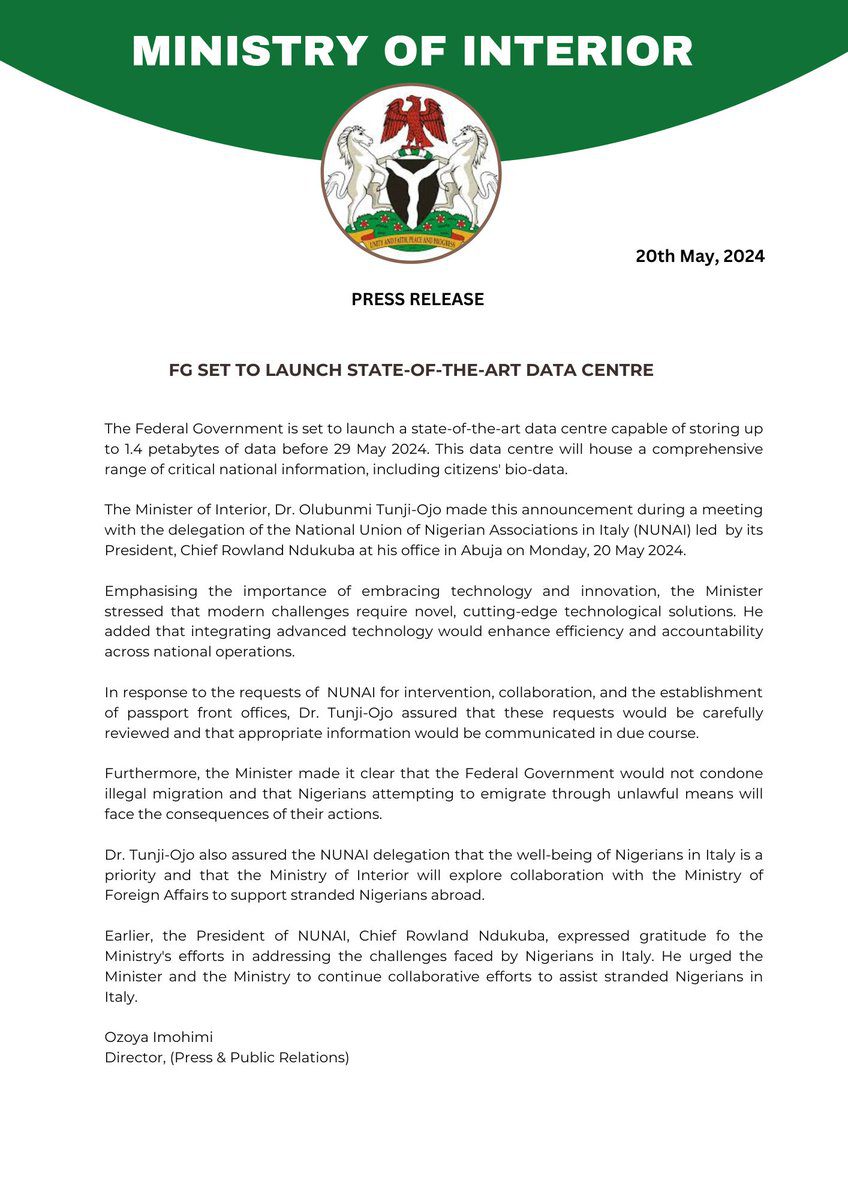 Nigerian Government to launch 1.4 petabytes data centre in May