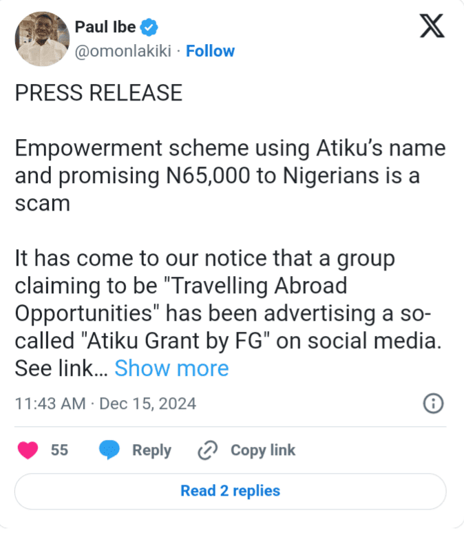 An X post curbing Nigerians from scammers