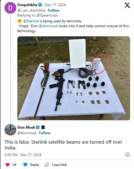 Indian authorities seized two Starlink devices in operations involving militancy and a drug smuggling bust