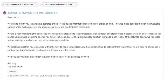 Infini has been hit by a massive hack of almost $49.5 million. 