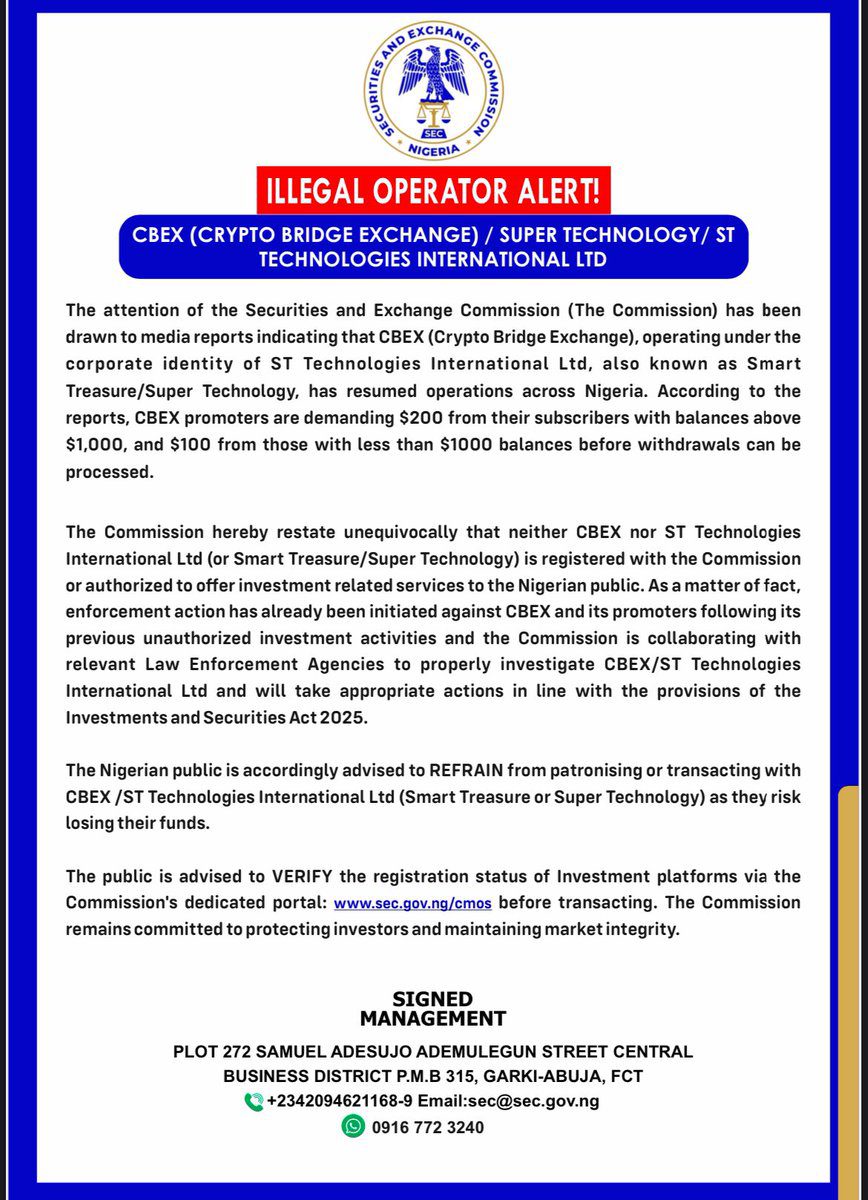 CBEX: again, SEC warns Nigerians as ponzi platform resumes operations