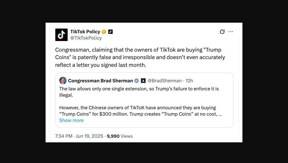TikTok refute allegations of purchasing Trump memcoins for ban extension