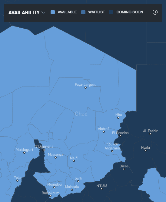 Starlink's availability map in Chad 
