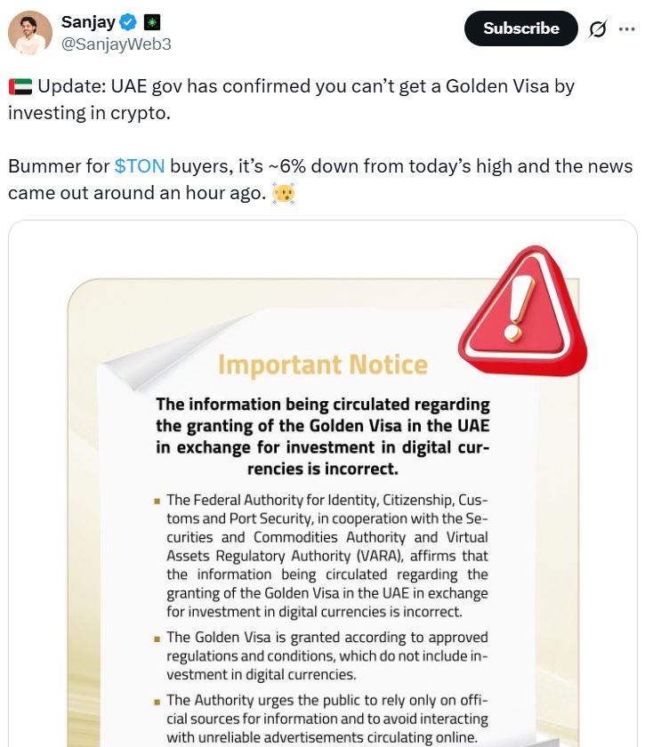 UAE refutes claims linking TON staking to Golden Visa residency pathway