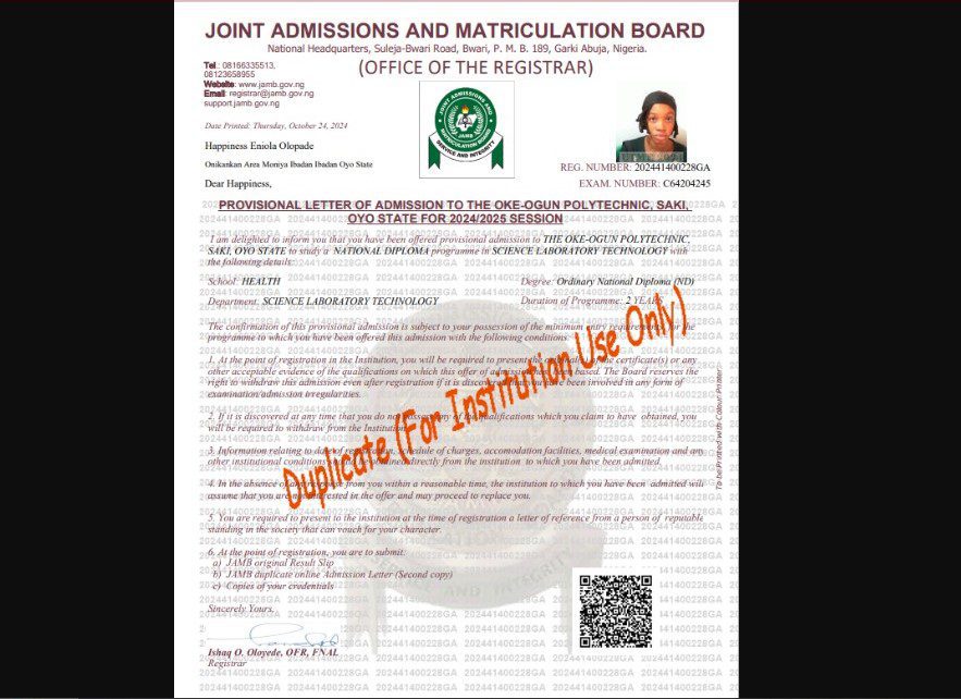 Jamb Admission Letter