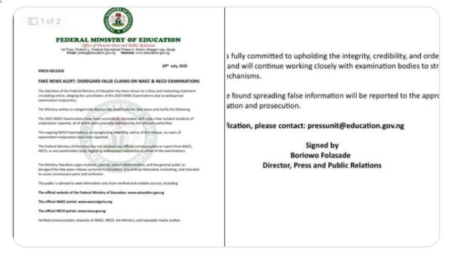 Ministry of education press release