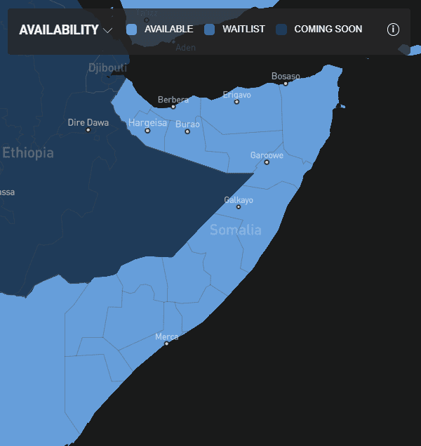 Starlink availability map in Somalia 