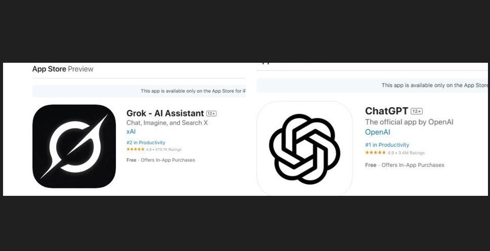 App Store review and rating of GrokAI and ChatGPT