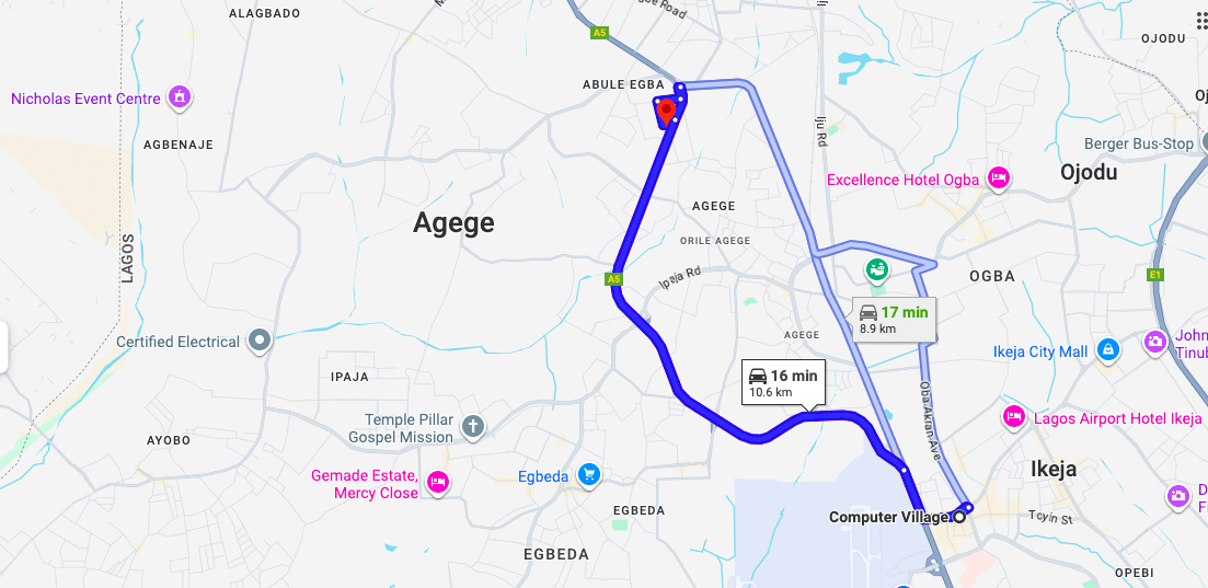 Distance from current Computer Village Ikeja to Katangowa