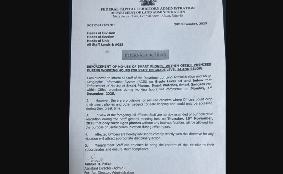 FCT Circular prohibiting the use of smartphones