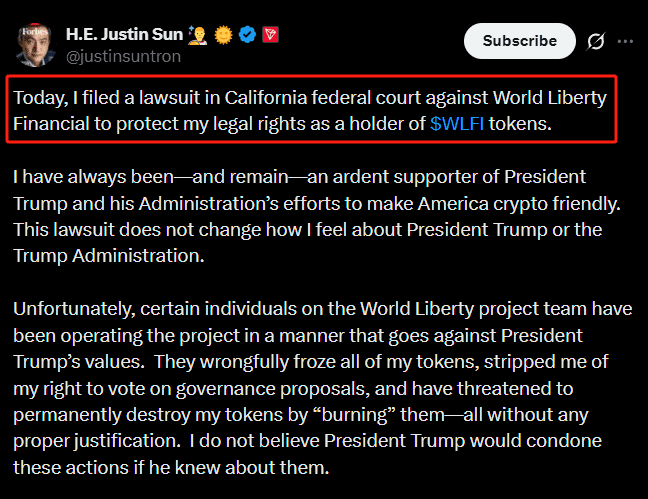 Tron founder Justin Sun sues Trump-linked World Liberty Financial over alleged illegal token seizure and defamation