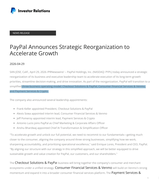 PayPal elevates crypto to a standalone division in a bold three-unit restructure under a new CEO