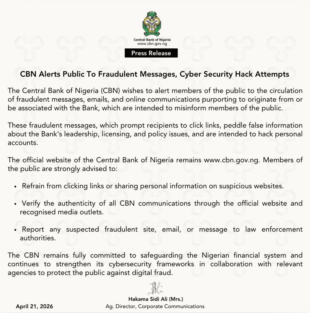 CBN issues urgent scam alert as fraudsters impersonate bank to steal Nigerians’ data