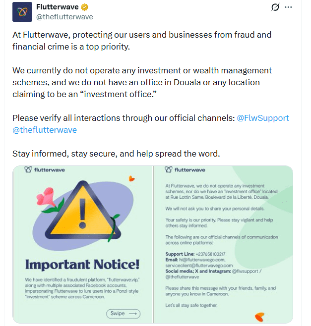 Flutterwave warns of Ponzi scheme impersonating its brand in Cameroon