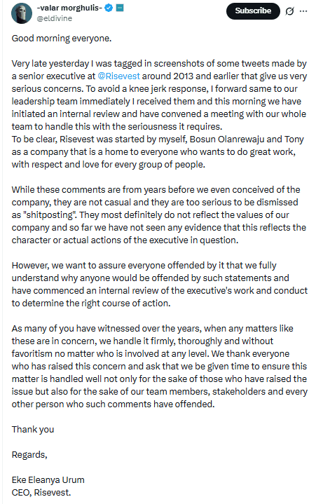 Risevest suspends senior executive after old bigotry tweets resurface