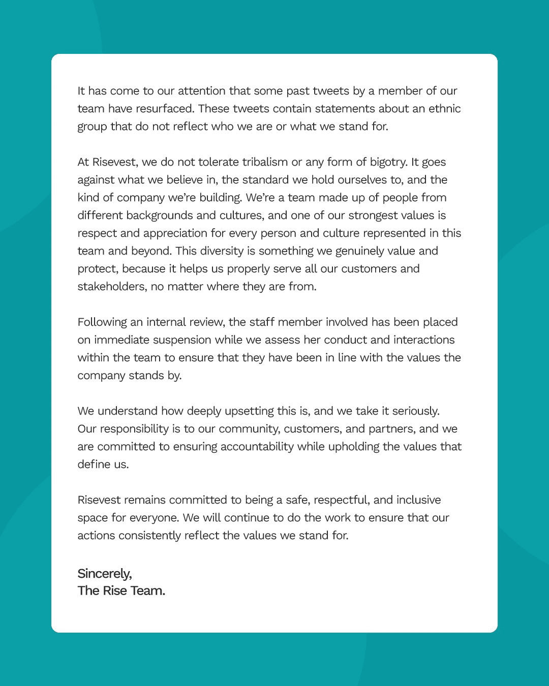 Risevest suspends senior executive after old bigotry tweets resurface