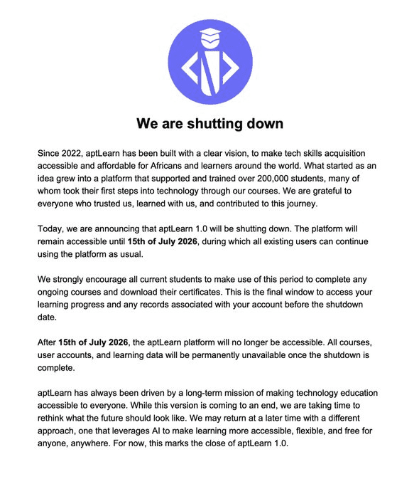 Platforma nigeriana de edtech aptLearn se închide după 4 ani, pentru a se concentra pe resetare strategică și pivotare către AI