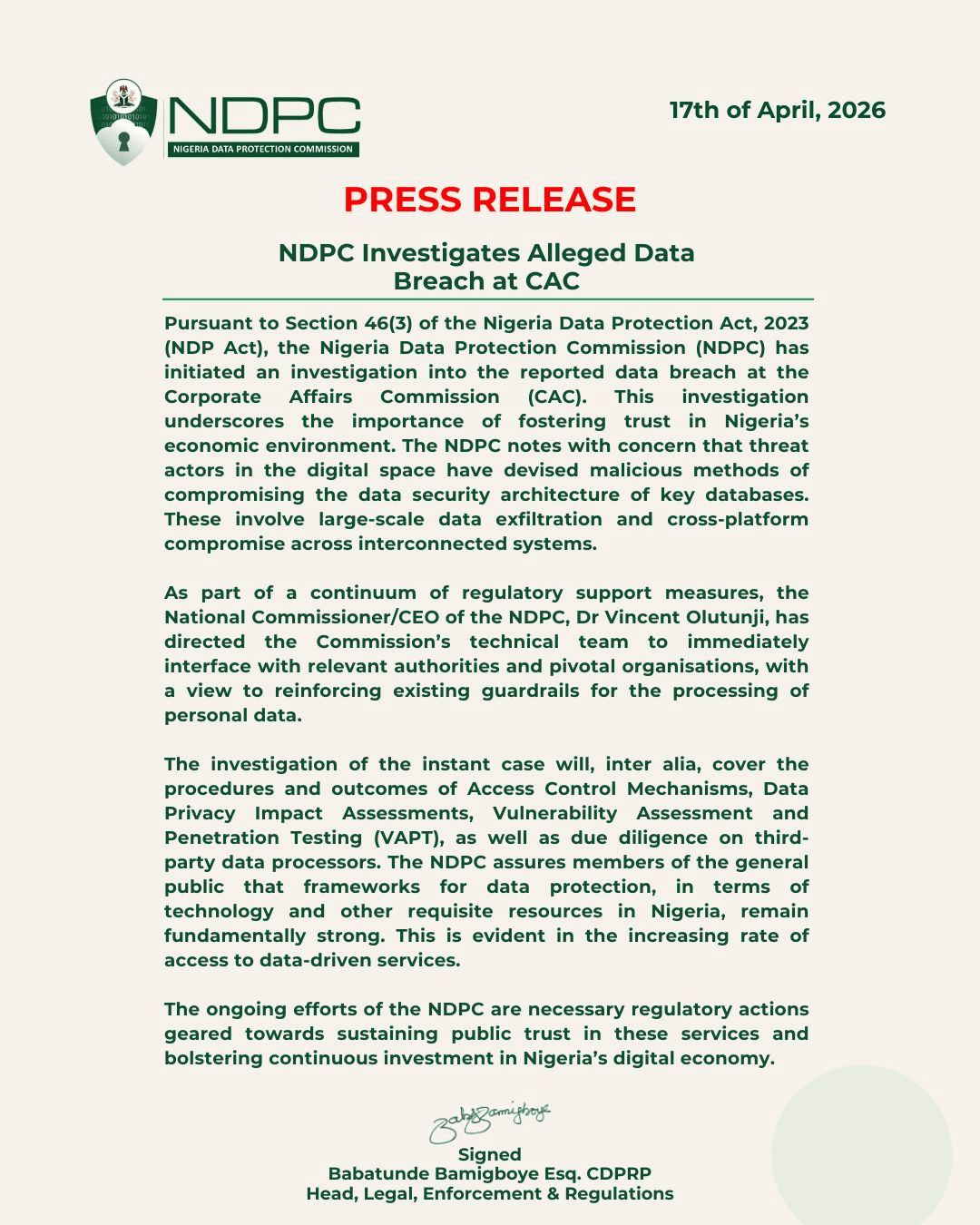 NDPC launches investigation into CAC data breach