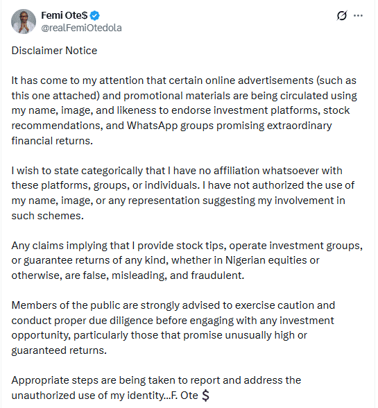 Billionaire Femi Otedola warns of fraudulent Bamboo investment scheme 