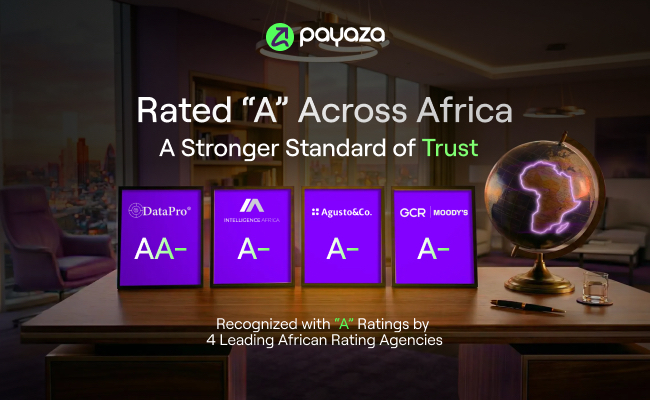 Payaza gets ‘A’ credit ratings from GCR (Moody’s), Agusto, DataPro, Intelligence Africa
