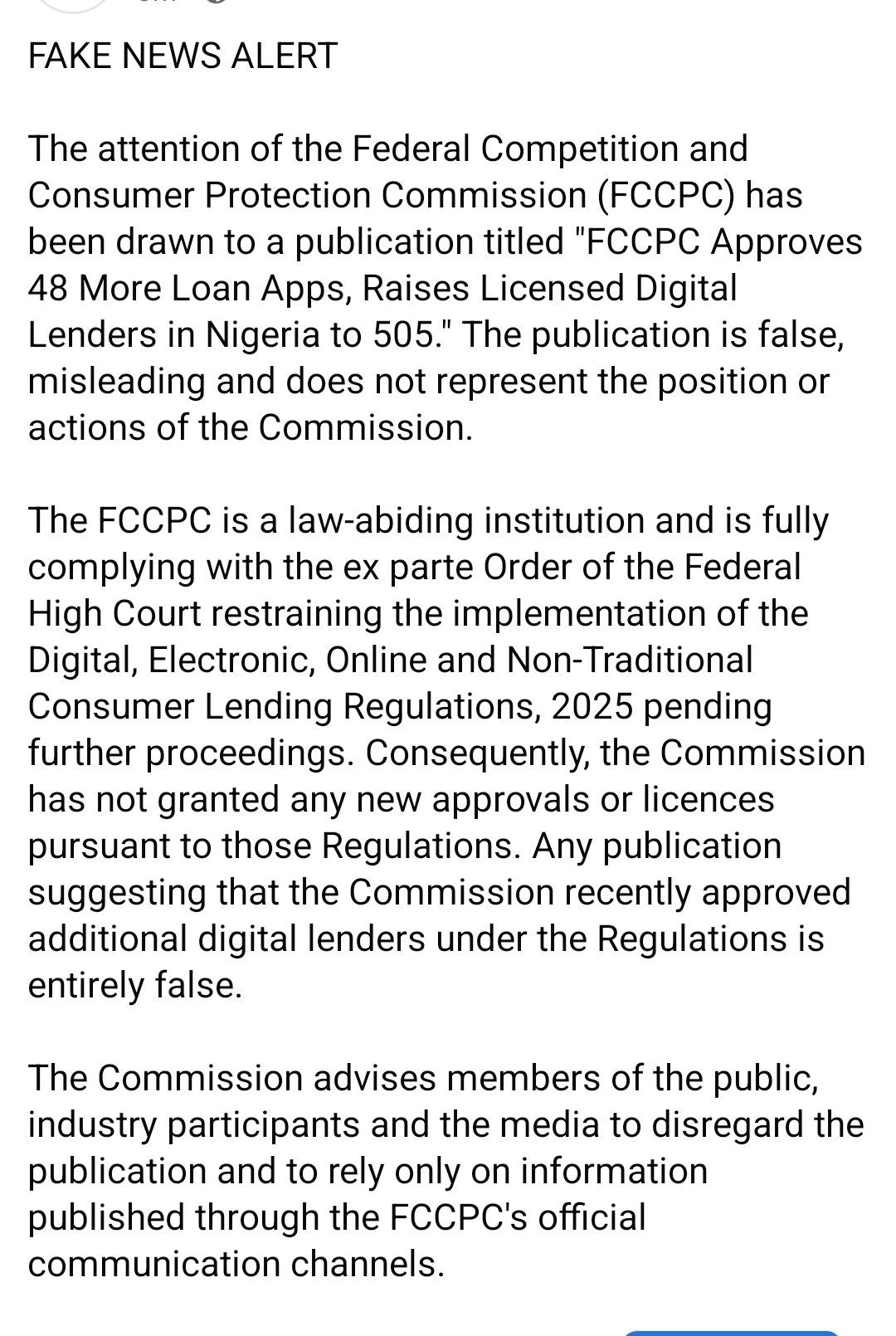 FCCPC denies approving 48 new loan apps, cites court-ordered freeze