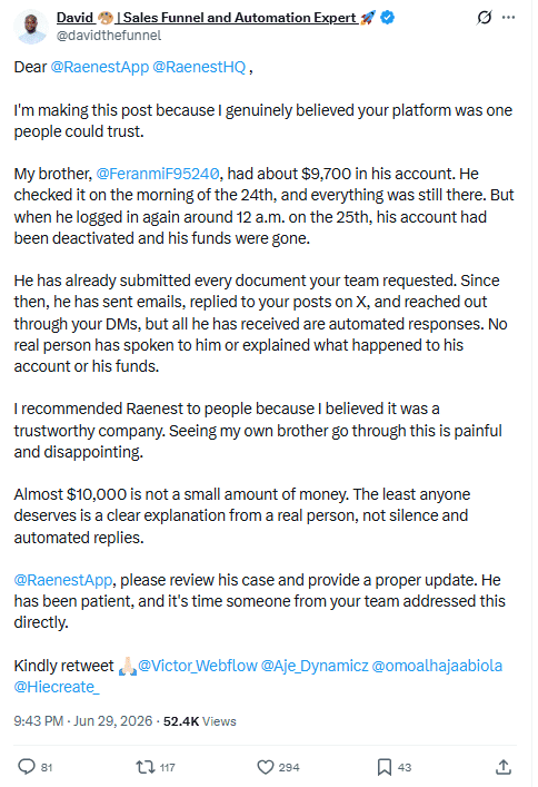 Raenest CEO says $9,700 account restriction was due to compliance review, admits support delays