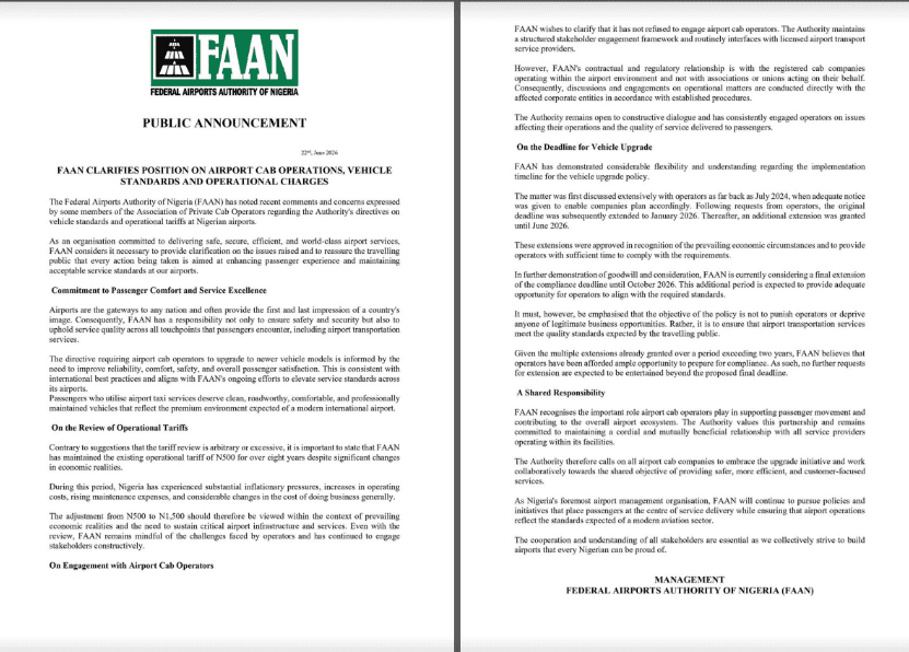 FAAN backs newer vehicle policy after Lagos airport taxi complaints