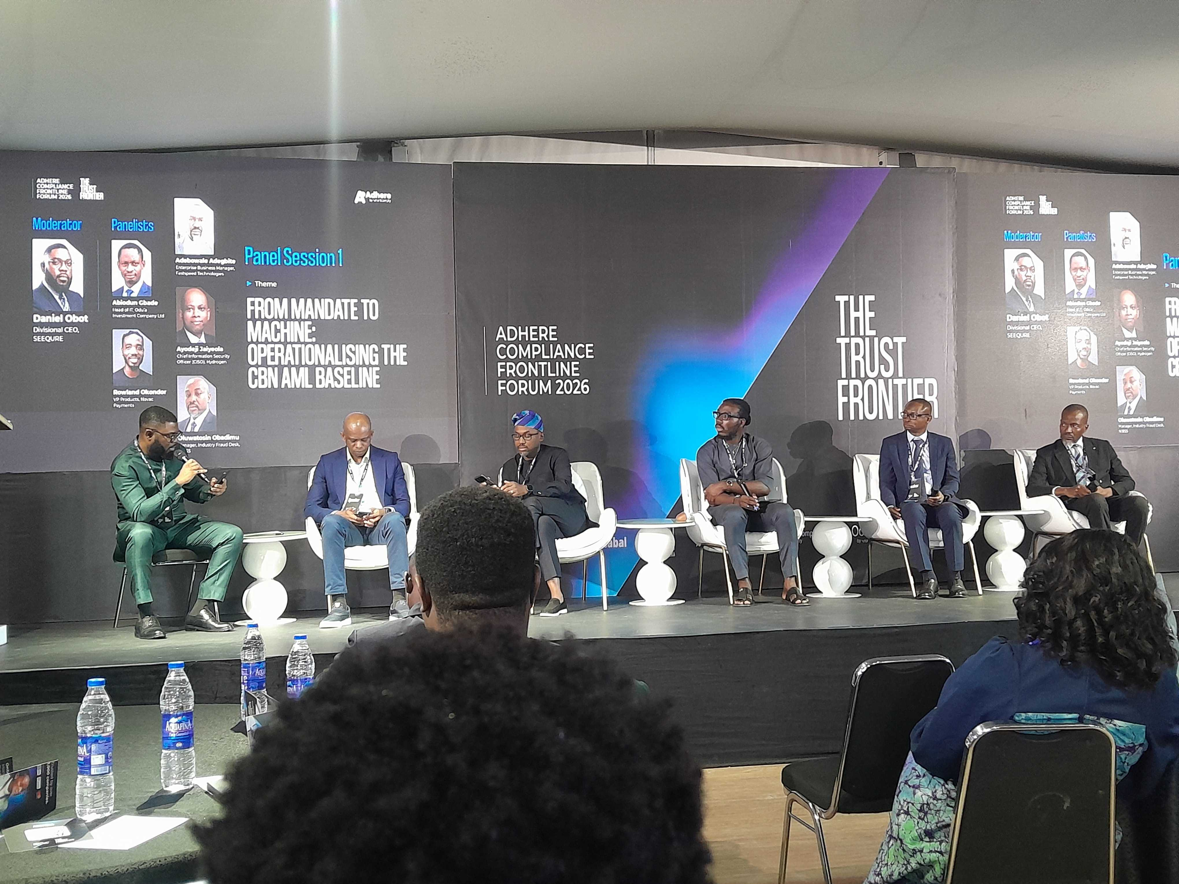 Panel session consisting of Daniel Obot, Divisional CEO of Seequre, which featured Rowland Okondor, Vice President of Products at Novac Payments; Abiodun Gbade, Head of IT at Odu'a Investment Company; Ayodeji Jaiyeola, Chief Information Security Officer at Hydrogen Payment Services; Oluwatosin Obadimu, Manager of the Industry Fraud Desk at NIBSS; and Adebowale Adegbite, Enterprise Business Manager at Fastspeed Technologies.