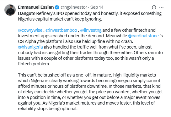 Should fintechs have upgraded their apps for the Dangote IPO? Orezi Mena says building for the rush could be a costly mistake