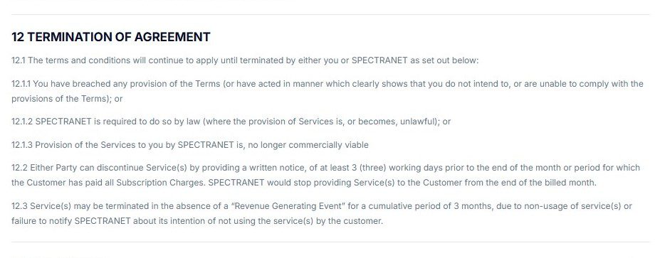Section 12 od Spectranet's Terms and Condition